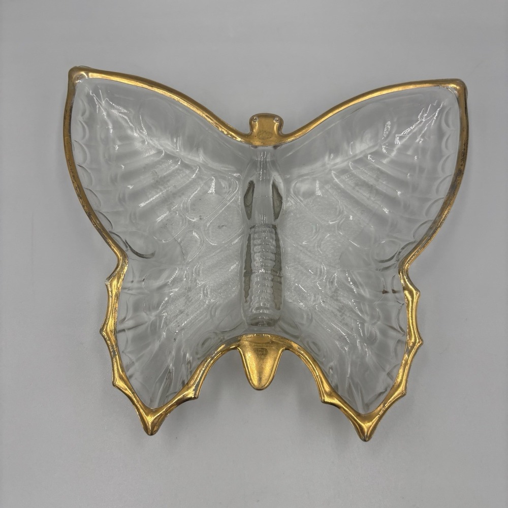 1960s Glass Butterfly Dish With Gold Rim Retro Vintage Trinket Jewelry‎ Dish
